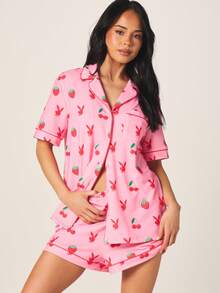 Missguided x Playboy 女士水果兔印花睡衣套装，纽扣上衣短袖短裤睡衣套装 - 粉色 - 查看 1