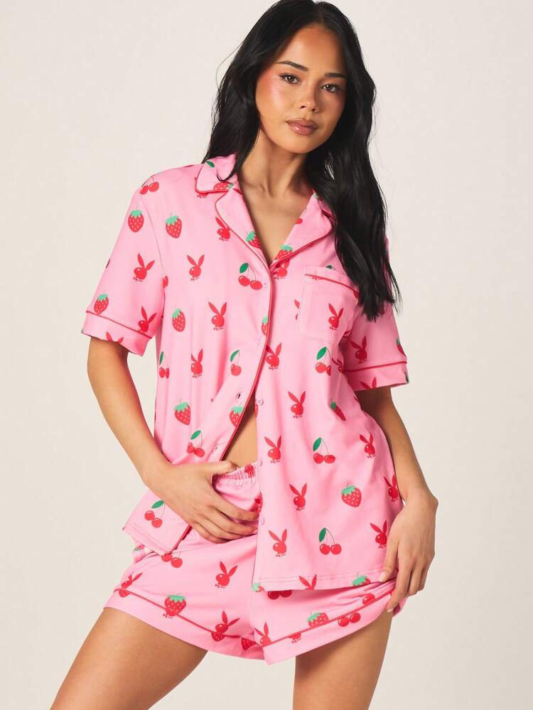 Missguided x Playboy Women's Fruity Bunny Print Pajama Set Button Up Top Short Sleeve Shorts Sleepwear Set