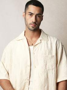 SUMWON Men's Boxy Fit Short Sleeve Revere Collar Embroidered Resort Shirt Casual Button Down Summer Vacation Beach Wear Plain - Apricot - View 4