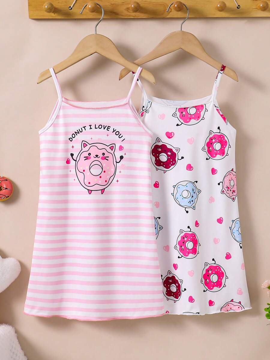 SHEIN GraphicGems Bộ đồ ngủ 2 món cho bé gái, màu trắng và hồng, thoải mái, ngọt ngào, dễ thương, in hình thỏ, áo hai dây dệt kim, váy mặc nhà. - Nhiều màu - Xem 1