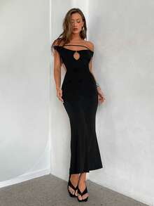 Aloruh 女士新款纯黑色露肩镂空修身鱼尾长裙，适合派对、舞会、音乐节、毕业典礼、返校、约会之夜等场合，性感黑色连衣裙 - 黑色 - 查看 7