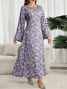Al Najma 女士全印花圆领喇叭袖撞色滚边腰身阿拉伯风格连衣裙 - 紫色 - 查看 5