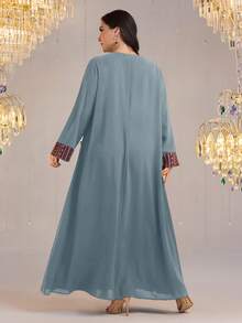 Al Najma Plus Size Women Floral Patchwork Pocket Tassel Design Loose Casual Dress - Blue - View 3