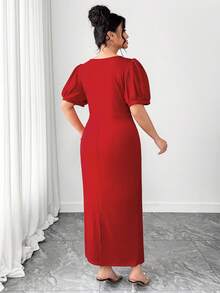 Elenzga 情人节加大码泡泡袖领口修身连衣裙 - 紅色 - 查看 2