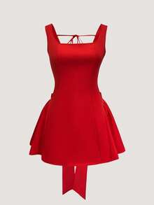Olithes 女士红色蝴蝶结装饰连衣裙，冬季和新年 - 紅色 - 查看 1