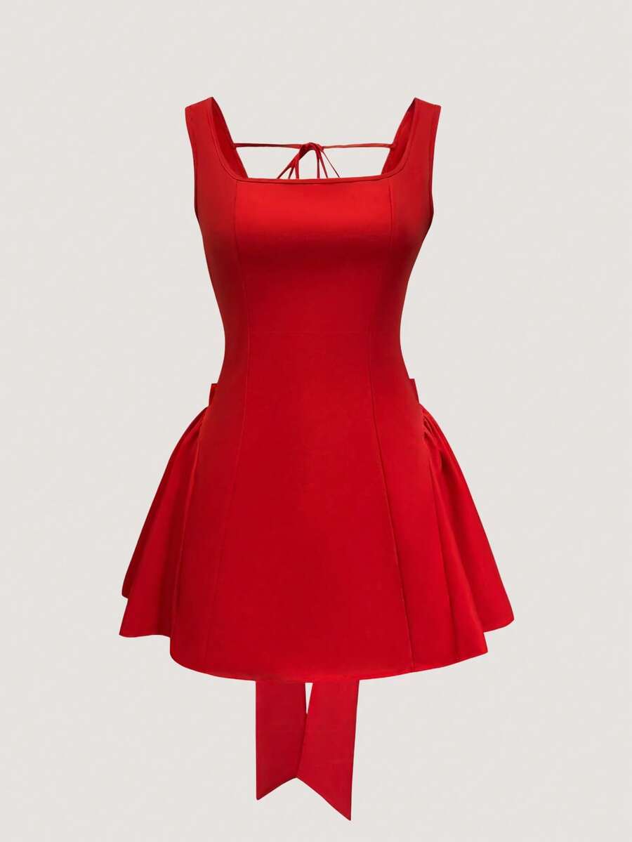 Olithes 女士红色蝴蝶结装饰连衣裙，冬季和新年 - 紅色 - 查看 1