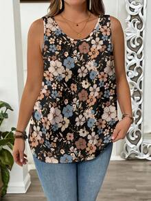 EMERY ROSE Plus Size Women Floral Print Casual Loose Fit Round Neck Tank Top Woman Dress - Multicolor - View 3