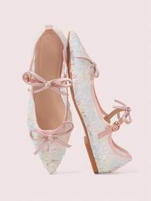 CUCCOO DOLLMOD Sepatu Flat Mary Jane Wanita Berwarna-warni dengan Bordir Bunga Jala, Modis, Pita Ganda, Lucu, Elegan, Sepatu Musim Semi - MultiWarna - View 2
