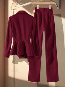 Revavyn Bộ vest nữ thanh lịch, sang trọng, cao cấp, màu trơn, ve áo, eo lệch vạt, khóa kim loại, kết hợp với quần tây ống lửng cạp cao ôm sát, bộ vest nữ. - Màu Hoa hồng đỏ - Xem 8