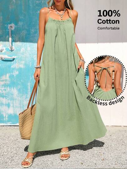 Vivid Eden Women's Vacation Solid Color Beaded Back Strap Casual Dress,Vacation,Vacation Style,100%Cotton Dress,Summer Beach Dresses, Back-To-School Outfits, Very Simple Outfits, Women's Country Style Clothing, Office Wear, Old-Fashioned Style, Teacher's Outfits, Date Wear, Graduation Season Dresses, Women's Dresses, Spring/Summer Casual Dresses, Summer Dresses, Summer Dress , Summer Outfits, Spring Dress Women, Spring Clothes Women,Green Contrast Resin Beads Dress