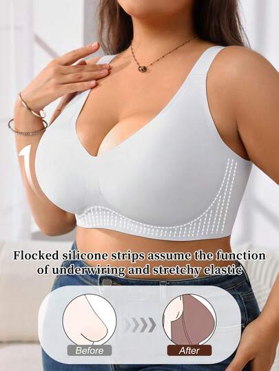 1pc NudeFit Women Solid Color Seamless Jelly Cup Pad Non-Detachable Deep V-Neck Adjustable Strap Wireless Plus Size Bra