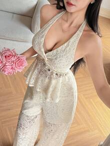 DAZY Women's Elegant Lace Sleeveless Top And Straight Leg Pants 2 Pieces Set, Spring/Summer - Beige - View 6