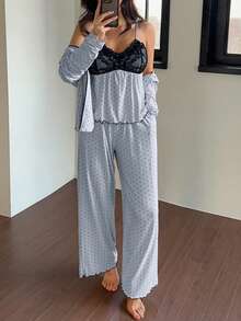 DAZY 3件套女士波点图案开衫长袖上衣、蕾丝拼接无袖吊带背心和直筒长裤睡衣套装，春季 - 藍色 - 查看 4