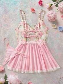 浪漫系列刺绣加大码钢圈束身衣连衣裙和 T 型背心套装，性感内衣，提拉 - 粉色 - 查看 2