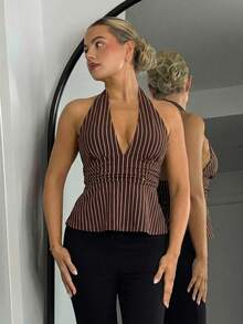 Bethéva 露背深 V 领收腰 A 字形露背条纹背心 - 棕色 - 查看 4