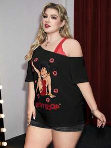Betty Boop | ROMWE Áo thun thường ngày họa tiết nhân vật hoạt hình & chữ in tương phản, vai bất đối xứng, mùa hè, áo phông họa tiết - màu đen - Xem 2