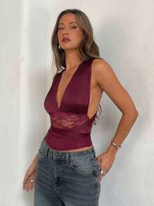 Aloruh 女士夏季新款优雅性感时尚浪漫约会婚礼休闲缎面蕾丝拼接T恤，酒红色 - 酒紅色 - 查看 8