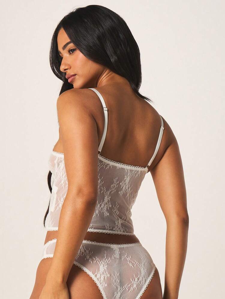 MISSGUIDED Women Lace Bralette And Panty Set Sheer Mesh Lingerie Cami Top With Scalloped Trim Two Piece Intimate Sleepwear Collection