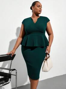 Chikora Plus Size Dark Green Summer Elegant Formal Women's Two-Piece Set,Minimalist Jacquard Knit 2 Pieces Short Sleeve Business Professional Office Outfits - Green - View 6