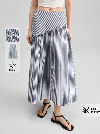 Ontre Women's Blue And White Ruched A-Line Skirt, Comfortable Soft Woven Fabric, Loose Fit, Modern Urban Chic, Business Casual Office Wear, Low-Key Elegant, High-Quality Airport/Cruise, Wedding Guest Attire, Versatile Lightweight Luxury Feel, Seasonal All-Match, Romantic Date, Casual Series Design