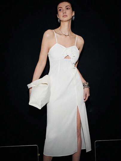 Lumivelle Women's Elegant Niche Backless Minimalist Tie-Up Split Maxi Dress, Suitable For Dates And Gatherings