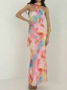 Aloruh Đầm không tay xếp ly in họa tiết nhuộm tie-dye dành cho nữ - Nhiều màu - Xem 8