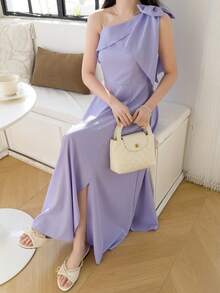 SHEIN Đầm dài màu tím trơn, trễ vai, thanh lịch, thời trang, quyến rũ, gợi cảm, phù hợp cho tiệc sinh nhật, bữa tối, sự kiện buổi tối, giải trí và thư giãn. - Màu tím - Xem 8