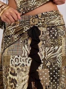 ROMWE Y2K Animal Print Metallic Sexy Beach Vacation Style Ruffle Hem Bodycon Skirt For Women - Gold - View 8