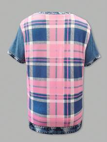 EMERY ROSE 女士格子拼接圆领短袖休闲百搭T恤 - 彩色 - 查看 2