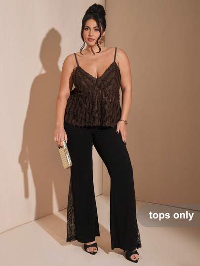 SHEIN BAE Plus Size Textured Camisole Crop Top, Women's Sexy Romantic Vacation Camisole Top, Brown Lace Textured Camisole, Suitable For Casual Vacation, Beach Vacation, Beach Travel, Music Festival, Bohemian Vacation