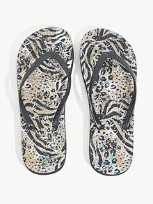 Grefit 女士人字拖，豹纹动物纹性感拖鞋，家居软底夹趾拖鞋，适合浴室穿着，速干，可外穿度假沙滩人字拖 - 黑色 - 查看 5