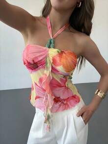 Aloruh Women's Floral Print Patchwork Ruffle Trim Halter Neck Vacation Tank Top,Summer Tops For Pretty Party Cute - Multicolor - View 4