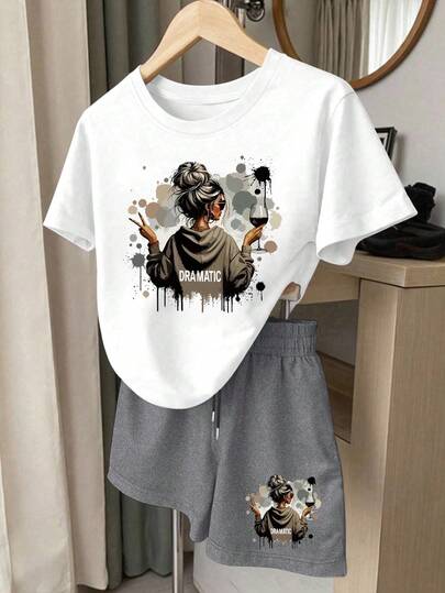Resyla Women's Figure Silhouette Print Round Neck Short Sleeve T-Shirt And Shorts Casual Set