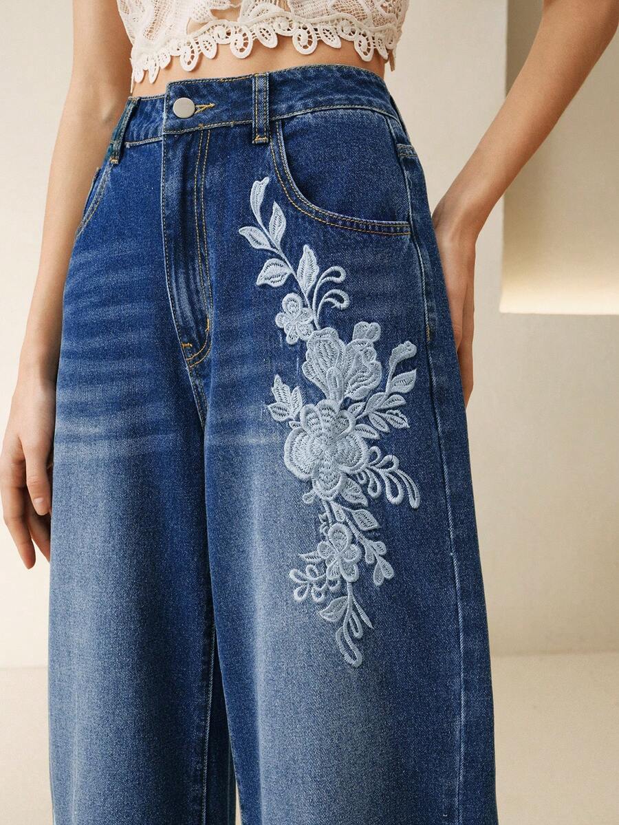 Anewsta Women's New Fashion Heavy Embroidered Straight-Leg Jeans - Blue - View 1