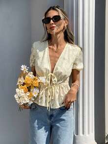 SHEIN PariChic Women's Pale Yellow Summer Elegant Mesh Jacquard Blouse,French Casual Semi-Sheer Tie Front Top,Short Sleeve Ruffle Hem Cinched Waist Shirt For Dates - Apricot - View 5