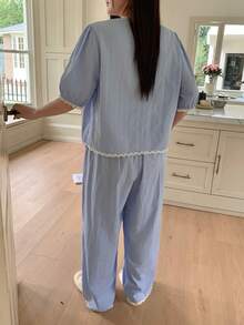 Dazy Plus Lace Tie Collar Cute Cardigan Top And Long Pants Pajama Set, Casual For Girls, Spring/Autumn - Blue - View 5