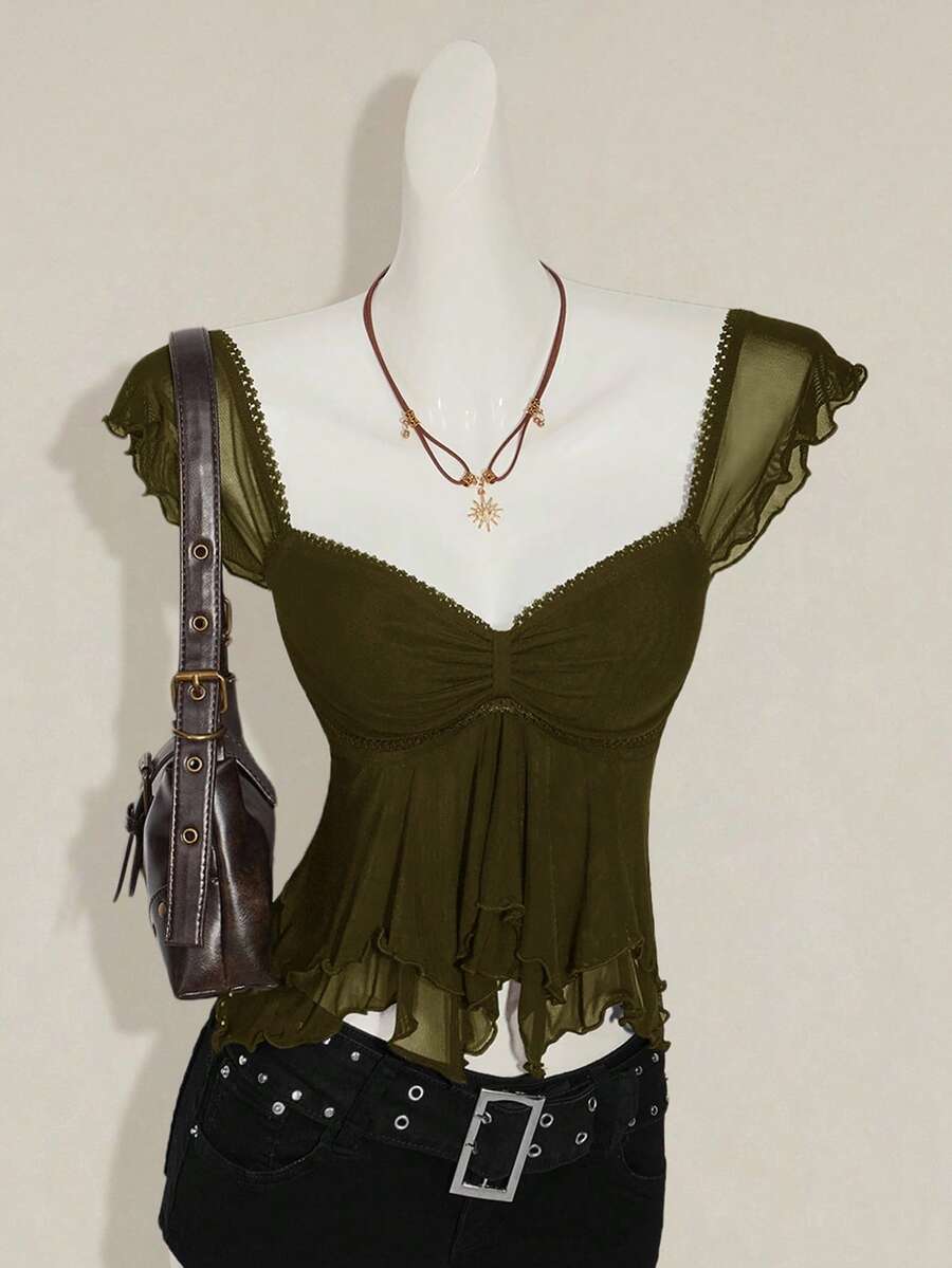 SHEIN ICON Women's Ruched Front Fitted Sexy Mesh Splice Cap Sleeve Backless Casual Vacation Cropped Tank Top - Army Green - View 1