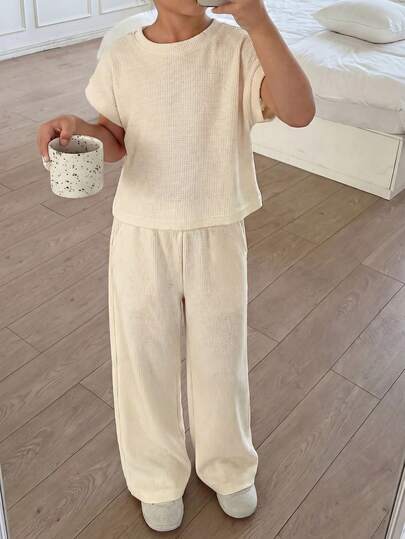 חולצת טי ומכנסיים קצרים עם צווארון עגול בצבע אחיד לבנות, תלבושת קז'ואלית