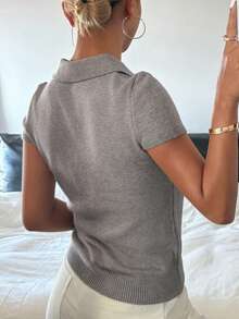 DAZY Women's Turndown Collar Half-Zip Textured Short Sleeve Knit Top - Grey - View 4