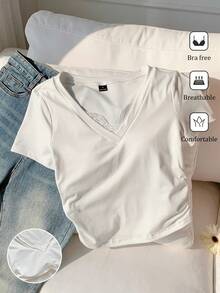 SHEIN EZwear 女士纯色V领褶皱休闲百搭日常短袖T恤 - 白色 - 查看 1