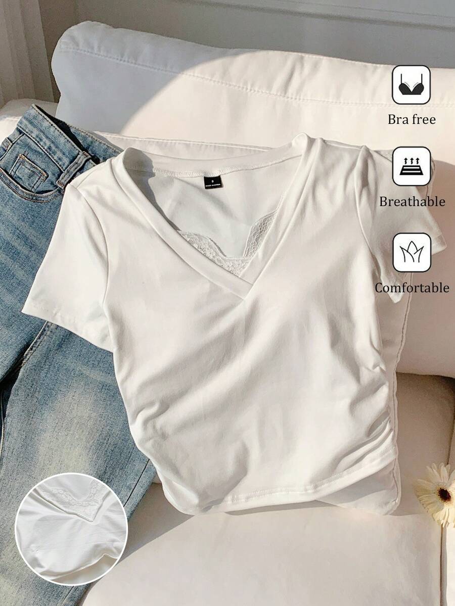 SHEIN EZwear 女士纯色V领褶皱休闲百搭日常短袖T恤 - 白色 - 查看 1