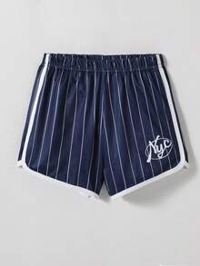 Casuvi Kids Quần short dáng rộng, cạp chun, họa tiết chữ cái và kẻ sọc dành cho bé gái tuổi teen. - Màu xanh hải quân - Xem 1