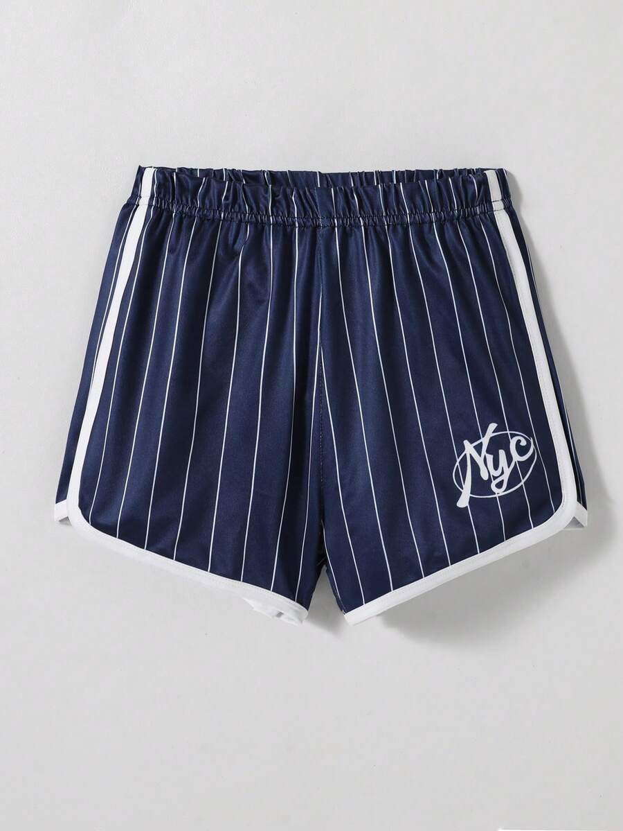 Casuvi Kids Quần short dáng rộng, cạp chun, họa tiết chữ cái và kẻ sọc dành cho bé gái tuổi teen. - Màu xanh hải quân - Xem 1