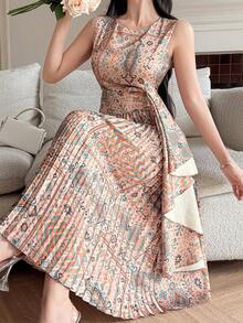 DAZY 女士优雅印花无袖中长连衣裙，适合春夏穿着 - 黃色 - 查看 3