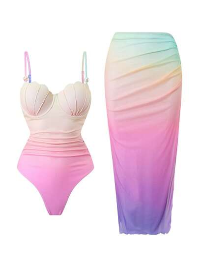 Swim Oasis Spring/Summer Gradient Color Block Shell Design Adjustable Dual Strap Fitted Ruched Side Slit Bodycon Skirt High Fashion Women Swimsuit 2-Piece Set