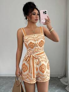 Rafferiza Orange Dopamine Floral Digital Print Jumpsuit, Fashionable & Versatile For Vacation Vacation Dress - Orange - View 5