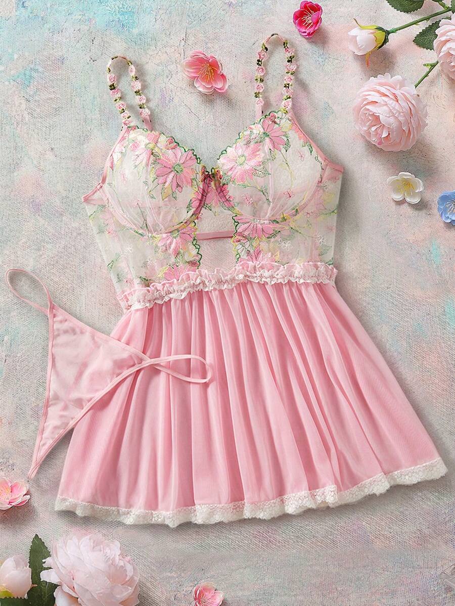 浪漫系列刺绣加大码钢圈束身衣连衣裙和 T 型背心套装，性感内衣，提拉 - 粉色 - 查看 1