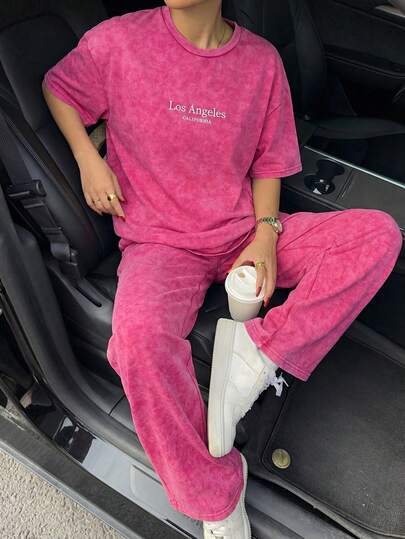 Muchica Ensemble t-shirt et pantalon casual avec imprimé lettres, couleur fuchsia, pour femmes