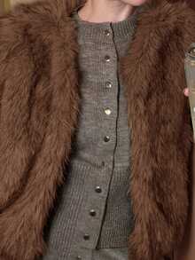 Abrilcols 秋冬女士咖啡棕色前开仿皮草夹克 - 咖啡棕 - 查看 3