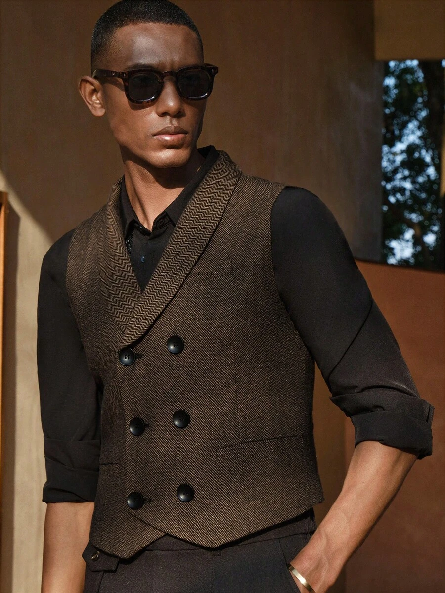 AKNOTIC Business Casual 男士纯色双排扣商务休闲马甲 男士棕色马甲 男士无袖服装 男士秋季系列 - 咖啡棕 - 查看 1